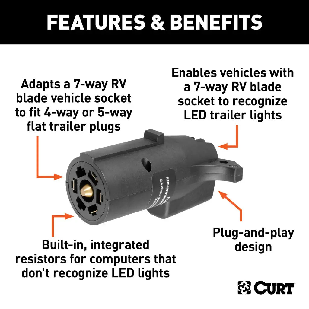 7-Way RV Blade Vehicle to 4 or 5-Way Flat Trailer LED Electrical Adapter
